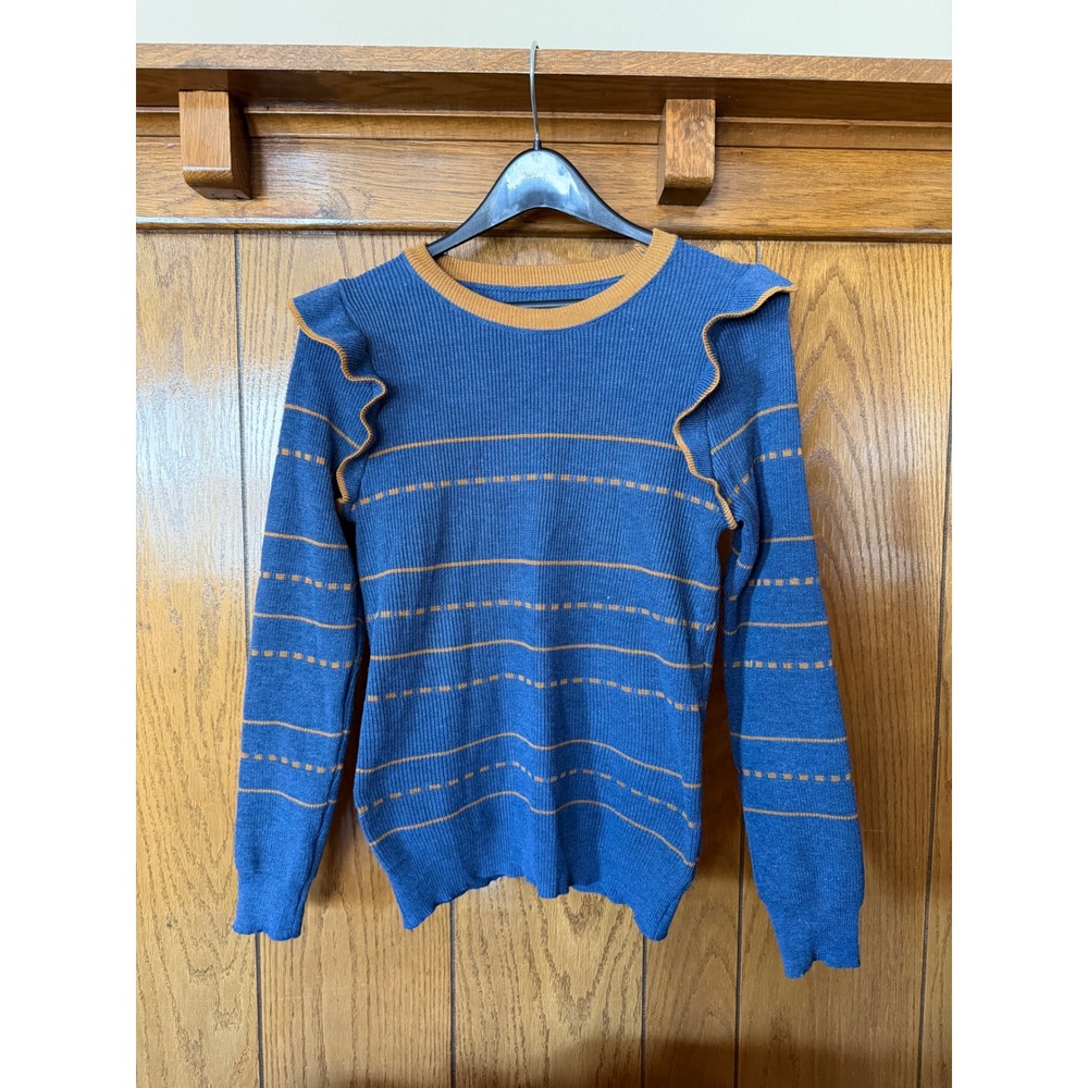 Blue Striped Crew Neck Sweater With Yellow Accents and Ruffle Shoulders Women's